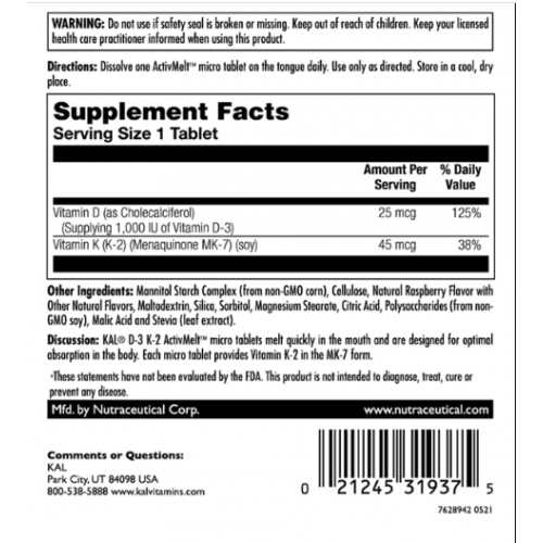 D3 & K2 25mcg - 60 tabs Raspberry 2022-10-0997 KAL D3 & K2 25mcg - 60 tabs Raspberry 2022-10-0997 KAL