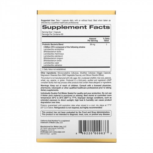 LactoBif 5 Probiotics - 60 veg caps 2023-10-2653 California Gold Nutrition LactoBif 5 Probiotics - 60 veg caps 2023-10-2653 California Gold Nutrition