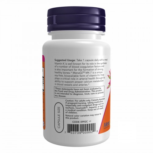Vitamin K-2 (MK7) 100 mcg - 60 vcaps 2022-10-0461 Now Foods Vitamin K-2 (MK7) 100 mcg - 60 vcaps 2022-10-0461 Now Foods