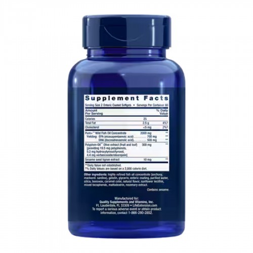 Super Omega-3 EPA/DHA Fish Oil, Sesame Lignans & Olive Extract - 120 Enteric coated softgels 2023-10-2657 Life Extension Super Omega-3 EPA/DHA Fish Oil, Sesame Lignans & Olive Extract - 120 Enteric coated softgels 2023-10-2657 Life Extension