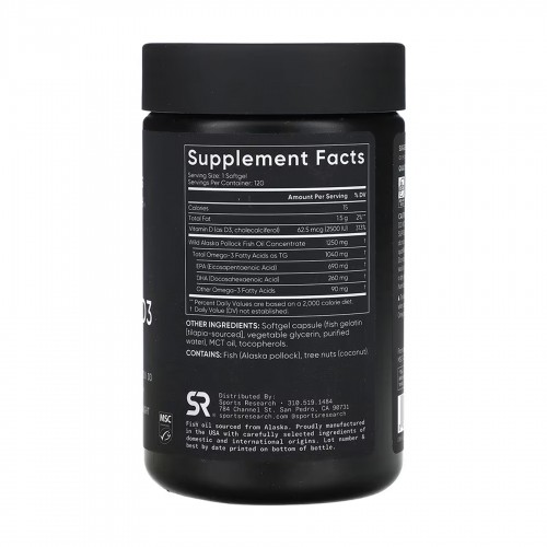 Omega-3 Fish Oil Alask Omega 1250mg + D3 2500IU - 120 softgels 2023-10-6182 Sport Research Omega-3 Fish Oil Alask Omega 1250mg + D3 2500IU - 120 softgels 2023-10-6182 Sport Research