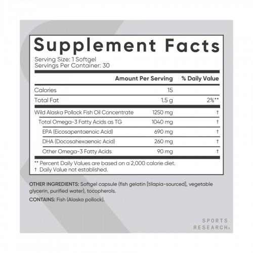 Omega-3 Fish Oil Alaska Pollock 1250mg - 30 softgels 2023-10-3443 Sport Research Omega-3 Fish Oil Alaska Pollock 1250mg - 30 softgels 2023-10-3443 Sport Research