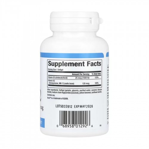 Vitamin D3 & K2 25 mcg (1000 IU) & 120 mcg - 60 softgels 2023-10-6543 Natural Factors Vitamin D3 & K2 25 mcg (1000 IU) & 120 mcg - 60 softgels 2023-10-6543 Natural Factors