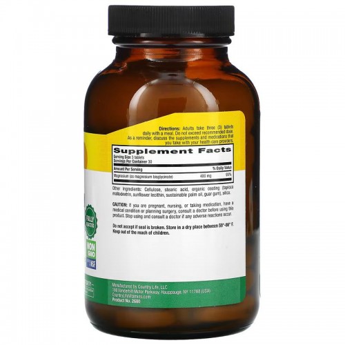 Country Life Chelated Magnesium Glycinate 400 mg, 90 таблеток CN13287 Country Life Country Life Chelated Magnesium Glycinate 400 mg, 90 таблеток CN13287 Country Life