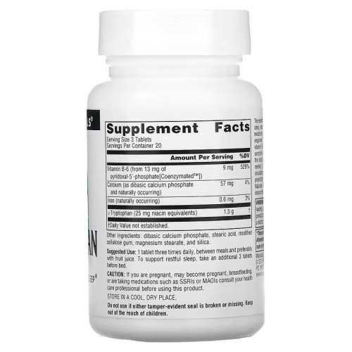 Source Naturals L-Tryptophan 500 mg with Coenzyme B-6, 60 таблеток CN12519 Source Naturals Source Naturals L-Tryptophan 500 mg with Coenzyme B-6, 60 таблеток CN12519 Source Naturals