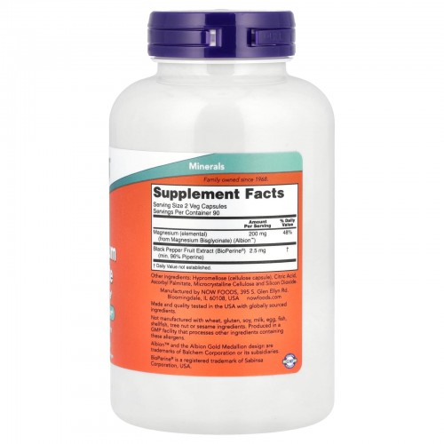 NOW Magnesium Glycinate with BioPerine, 180 вегакапсул CN20176-1 NOW NOW Magnesium Glycinate with BioPerine, 180 вегакапсул CN20176-1 NOW