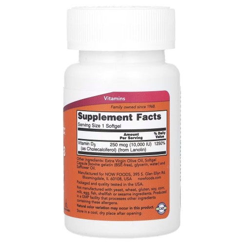 NOW Vitamin D3 10000 IU, 240 капсул CN10012 NOW NOW Vitamin D3 10000 IU, 240 капсул CN10012 NOW