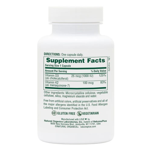 Natures Plus Vitamins D3 + K2, 90 капсул CN11717 Natures Plus Natures Plus Vitamins D3 + K2, 90 капсул CN11717 Natures Plus