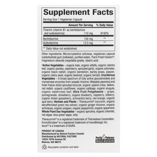 Natural Factors BioCoenzymated Benfotiamine plus Sulbutiamine, 30 вегакапсул CN17118 Natural Factors BioCoenzymated Benfotiamine plus Sulbutiamine, 30 вегакапсул CN17118